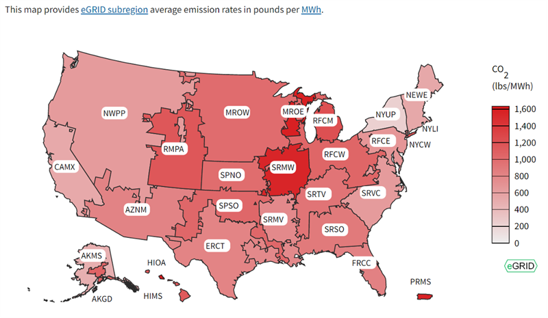 US EPA's eGRID Subregion Map showing Carbon dioxide in Pounds / MWh for 2021