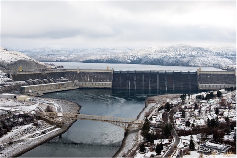 Grand Coulee Dam in the winter. Courtesy of the Bureau of Reclamation.