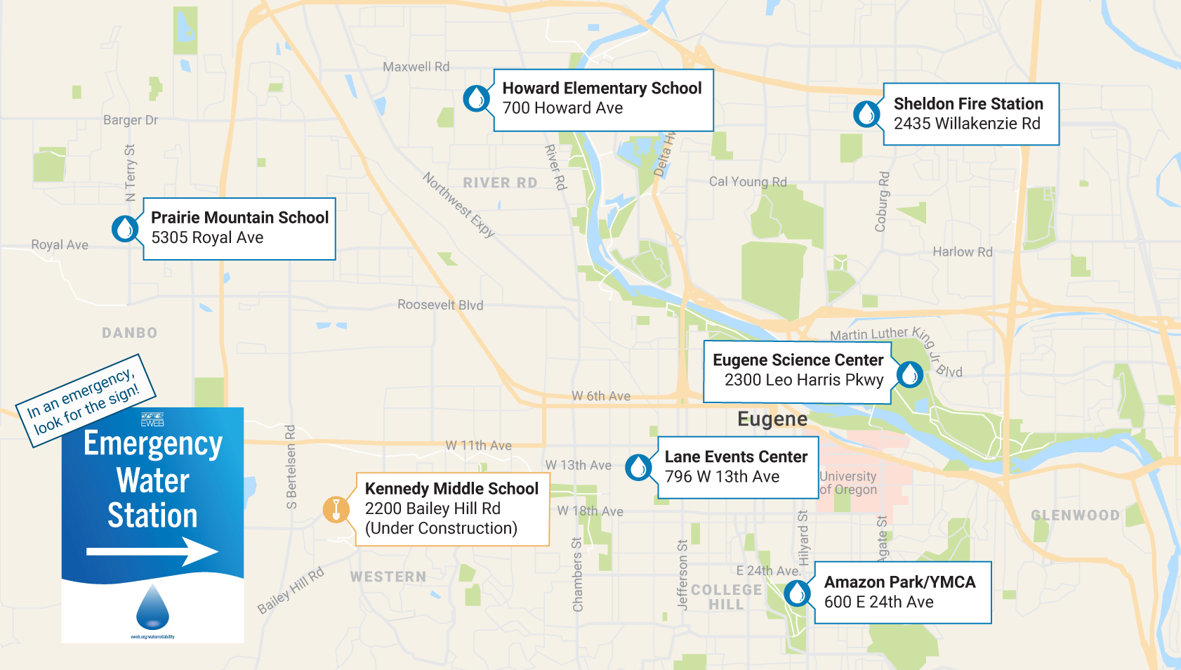 Map of where the Eugene Emergency Water Stations are located.