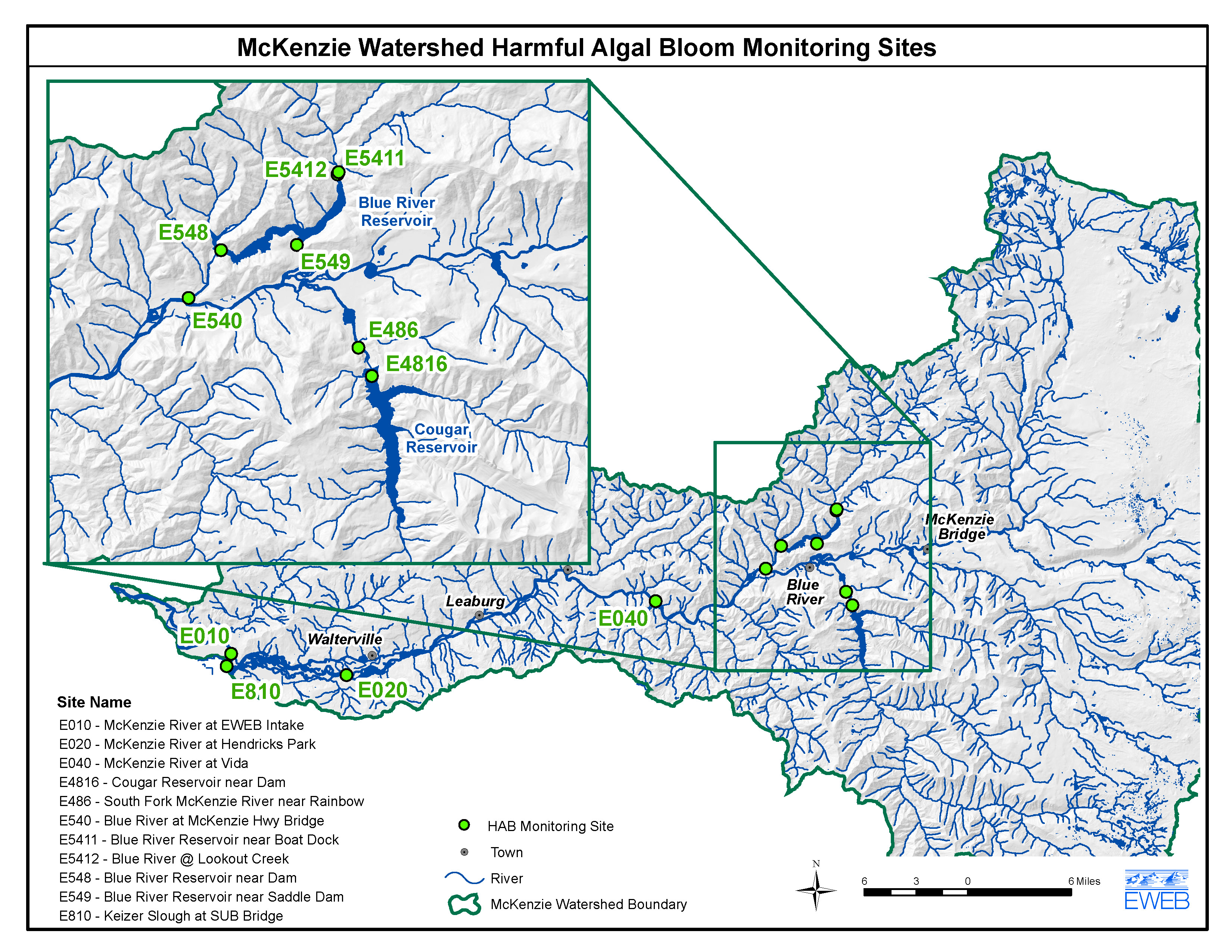 Map of EWEB algal toxins monitoring sites